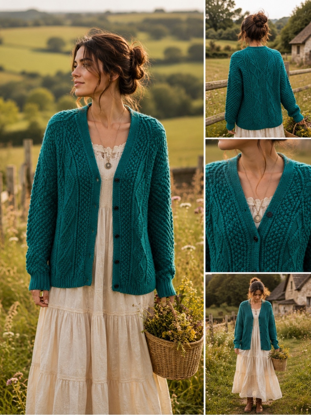 Vintage Handmade Chunky Fisherman Cottagecore Boho Knit Teal Cardigan Large